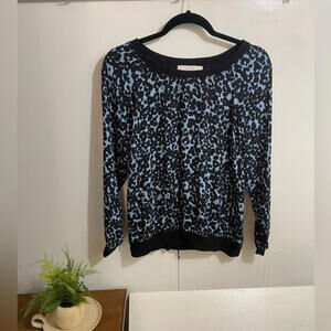 LOFT Women Size S -Slouchy Blouse Long Sleeve Boat Neck Leopard Print Black/Blue